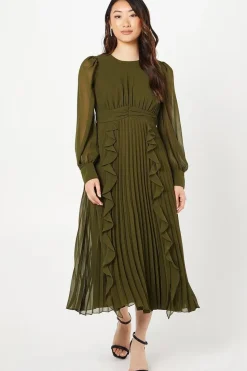 Chiffon Long Sleeve Ruffle Midi Wedding Guest Dress