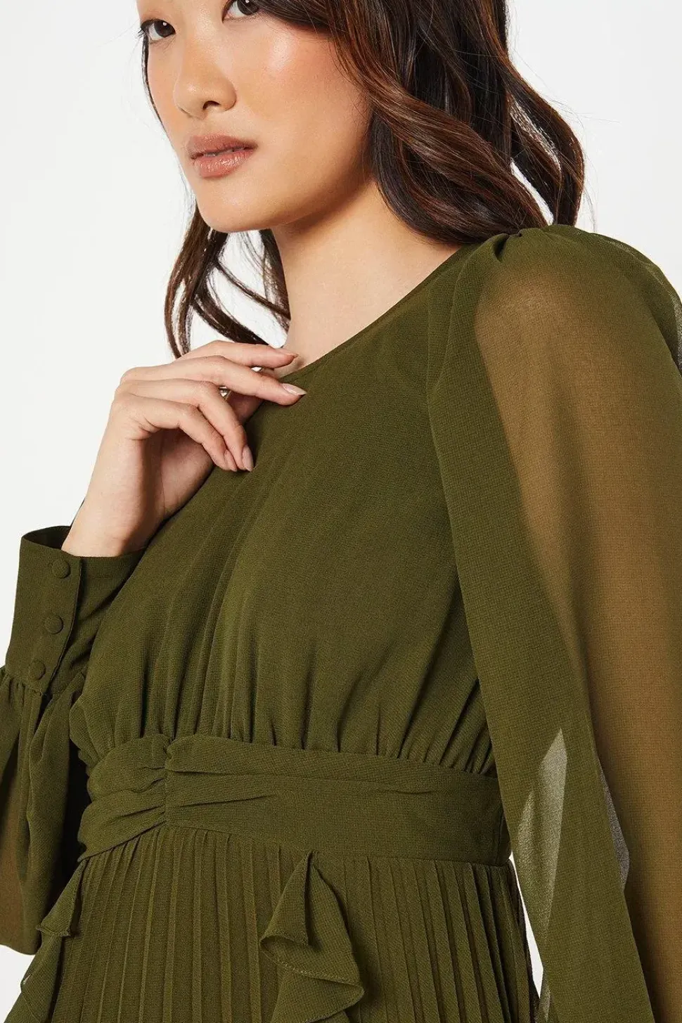 Chiffon Long Sleeve Ruffle Midi Wedding Guest Dress