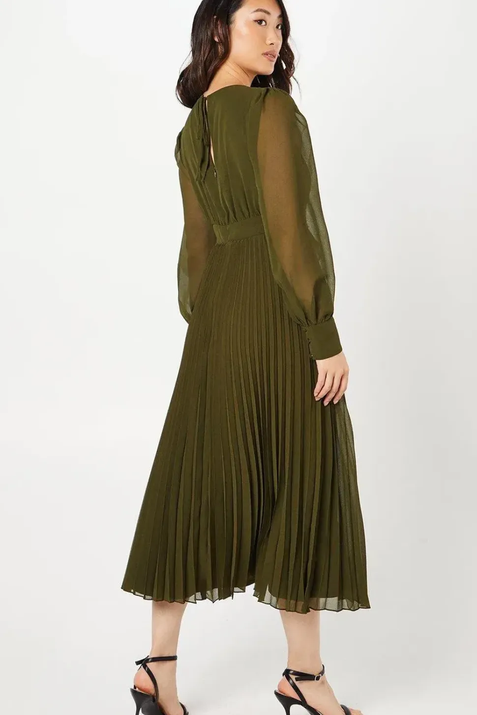 Chiffon Long Sleeve Ruffle Midi Wedding Guest Dress