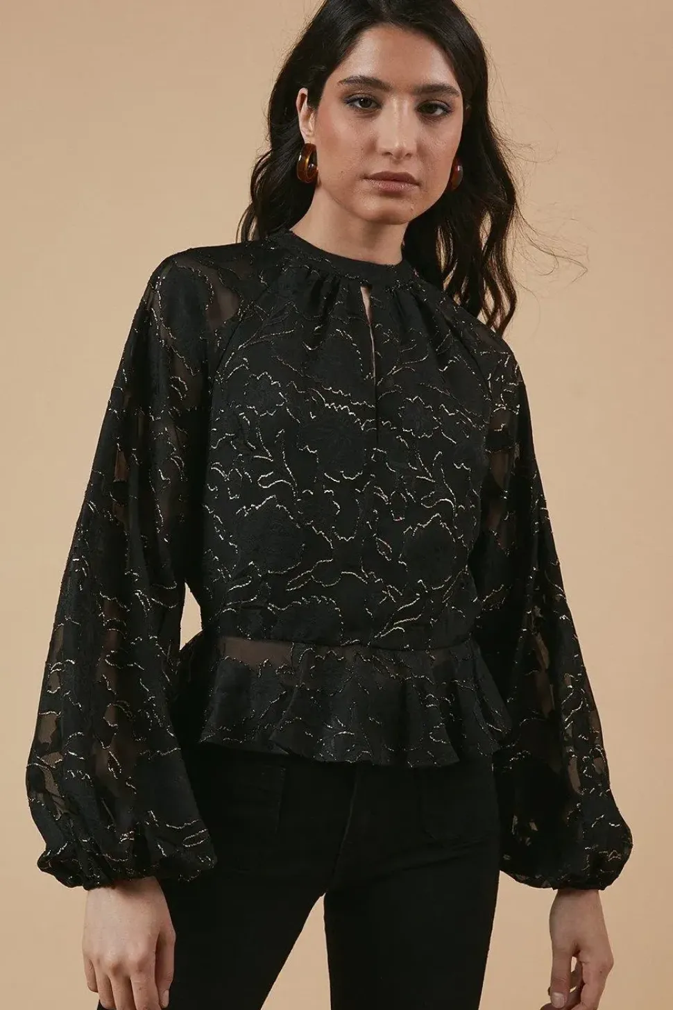 Chiffon Metallic Jacquard Keyhole Blouse