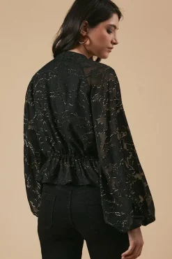 Chiffon Metallic Jacquard Keyhole Blouse
