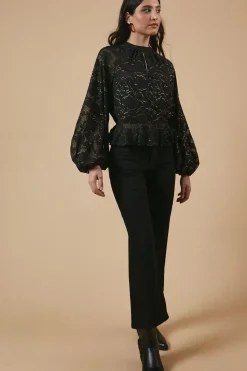 Chiffon Metallic Jacquard Keyhole Blouse