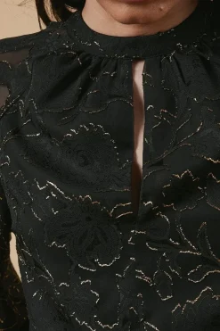 Chiffon Metallic Jacquard Keyhole Blouse