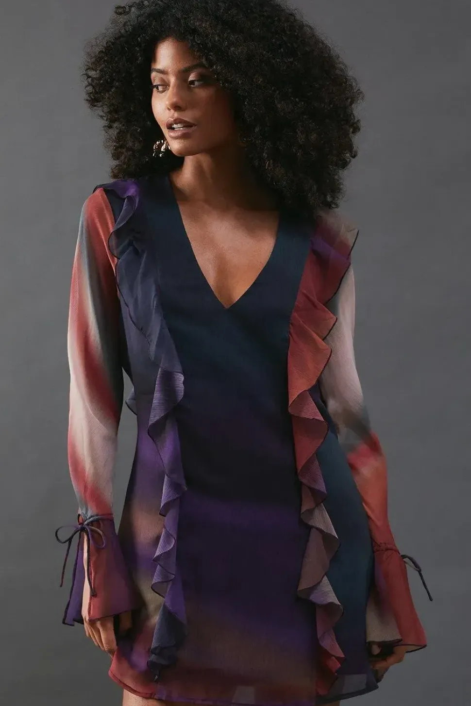 Chiffon Ombre Ruffle Detail Tie Sleeve Mini Dress