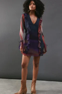 Chiffon Ombre Ruffle Detail Tie Sleeve Mini Dress