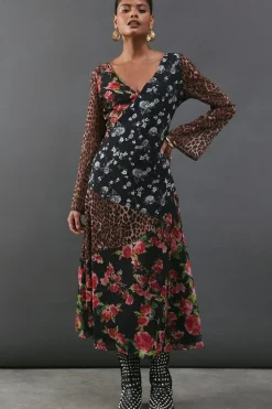 Chiffon Panelling Tie Sleeve Midi Dress