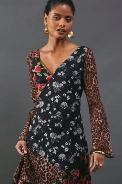 Chiffon Panelling Tie Sleeve Midi Dress