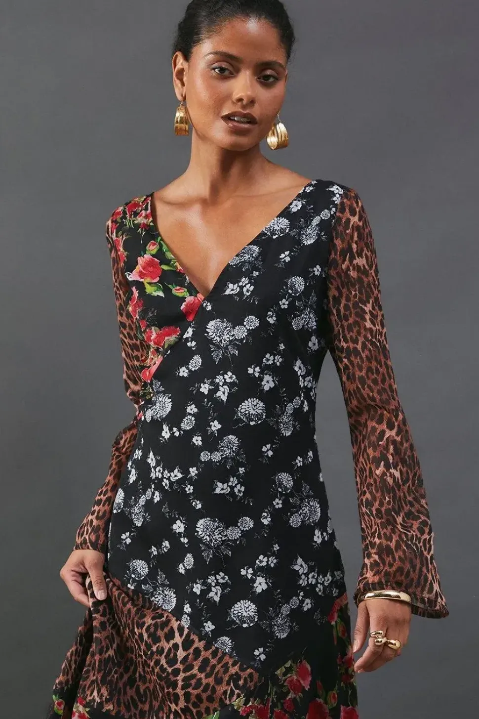Chiffon Panelling Tie Sleeve Midi Dress
