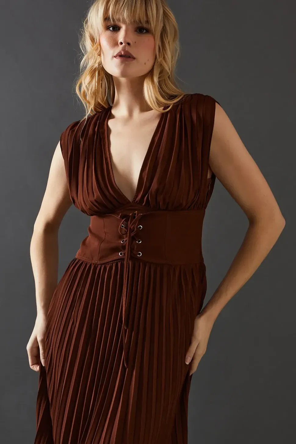 Chiffon Pleated Plunge Neck Lattice Front Midi Dress