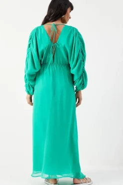Chiffon Pleat Plunge Neck Batwing Midaxi Dress