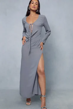Chiffon Plunge Drape Detail Split Leg Maxi Dress