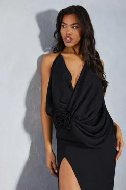 Chiffon Plunge Floral Applique Split Leg Maxi Dress