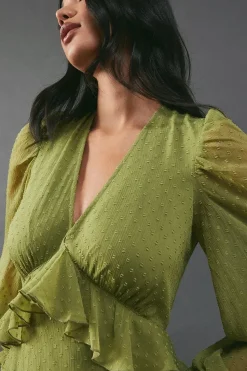 Chiffon Plunge Neck Ruffle Detail Volume Sleeve Maxi Dress