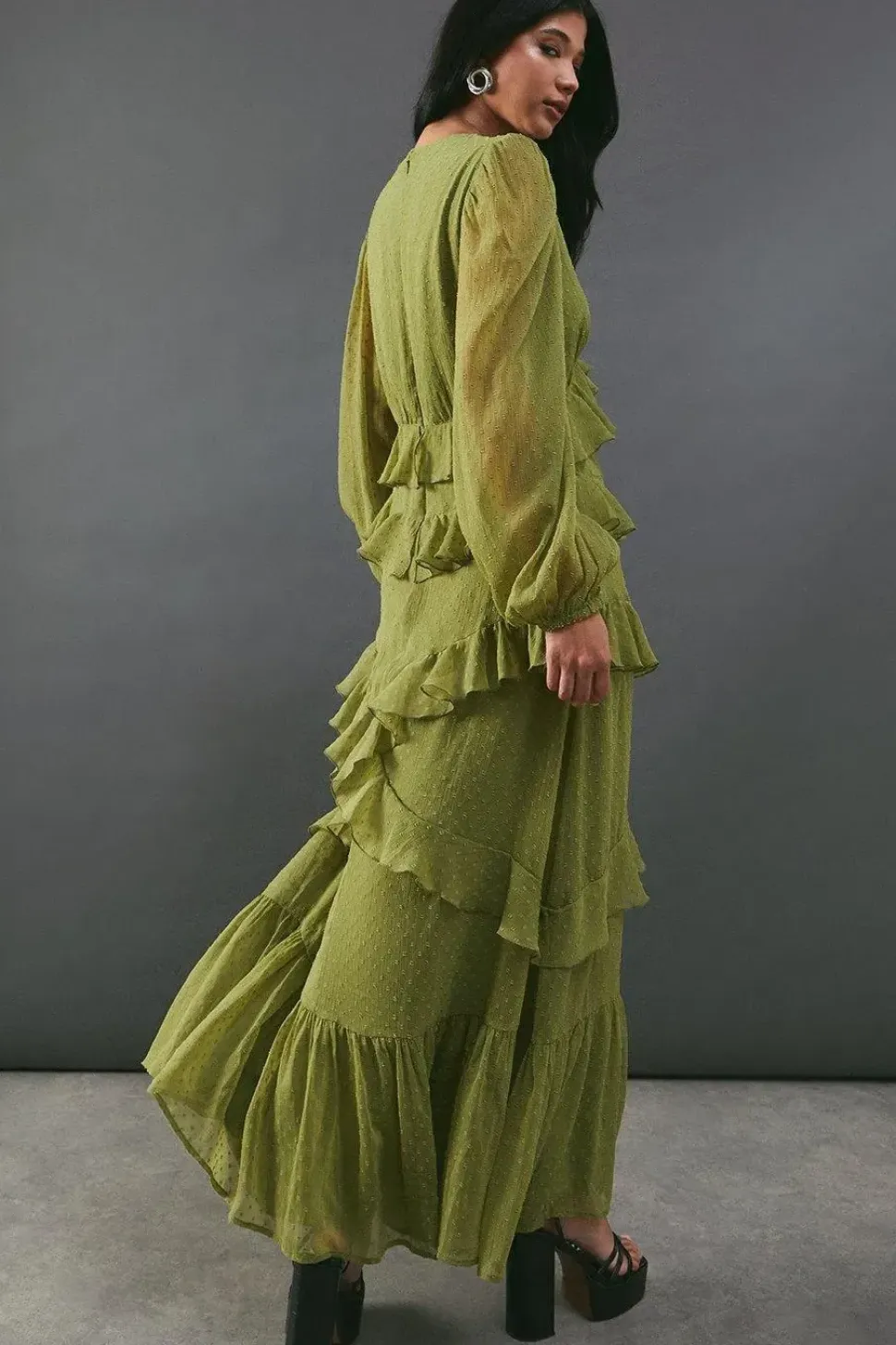 Chiffon Plunge Neck Ruffle Detail Volume Sleeve Maxi Dress