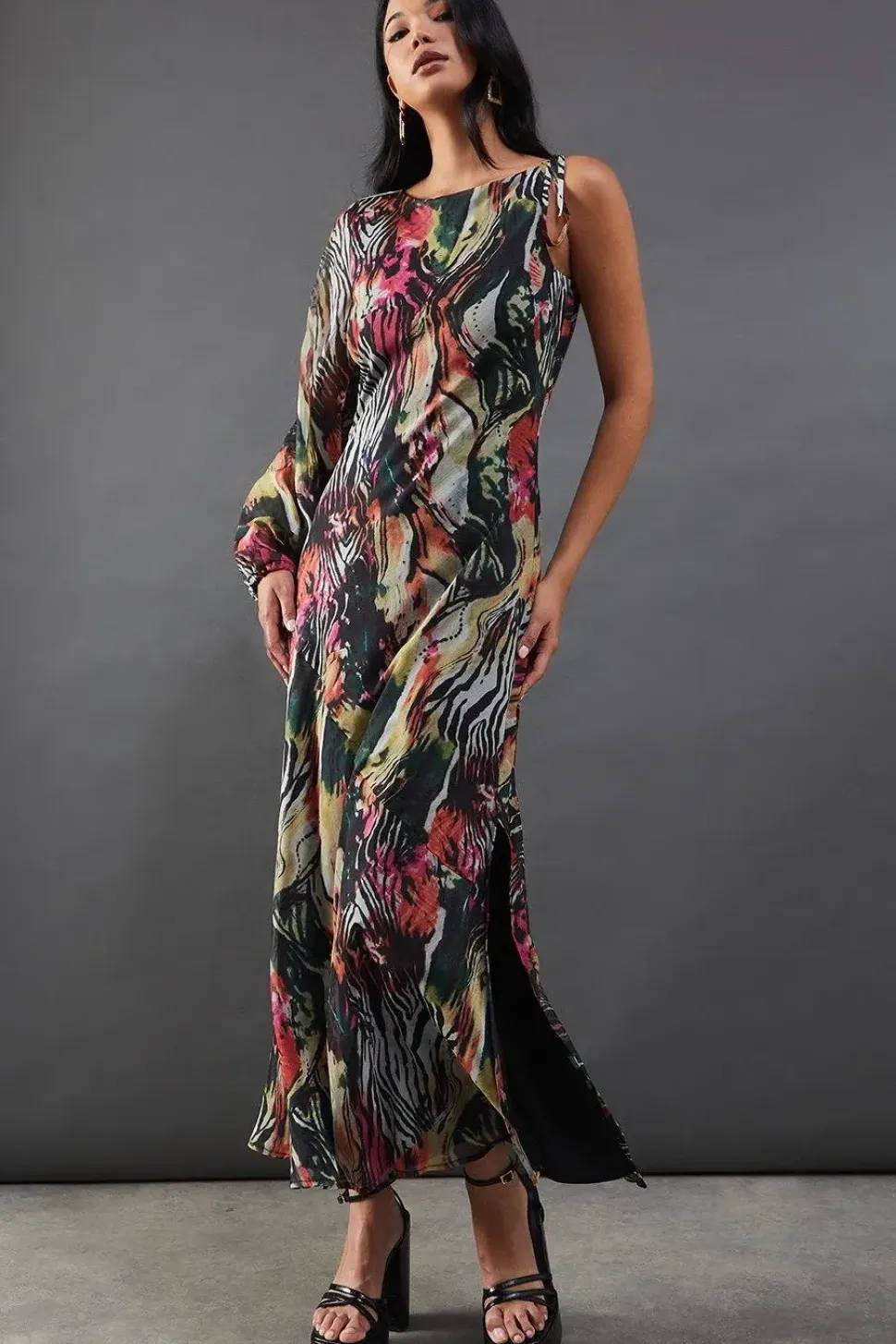Chiffon Printed One Shoulder Split Front Maxi Dress