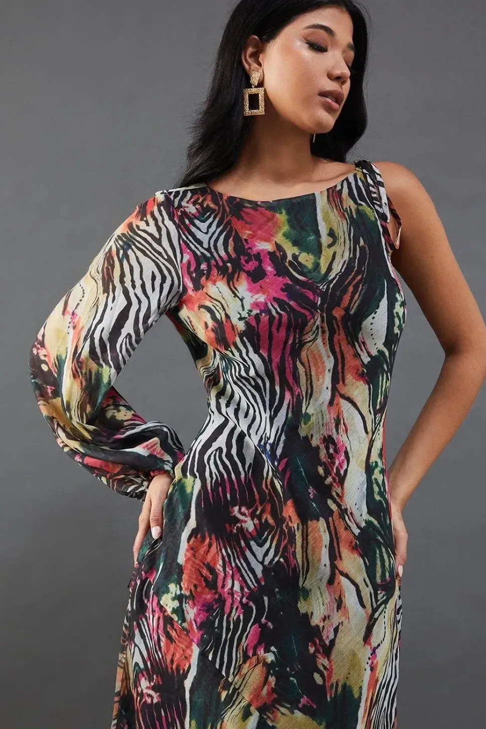 Chiffon Printed One Shoulder Split Front Maxi Dress