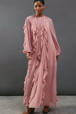 Chiffon Ruffle Blouson Sleeve Maxi Dress