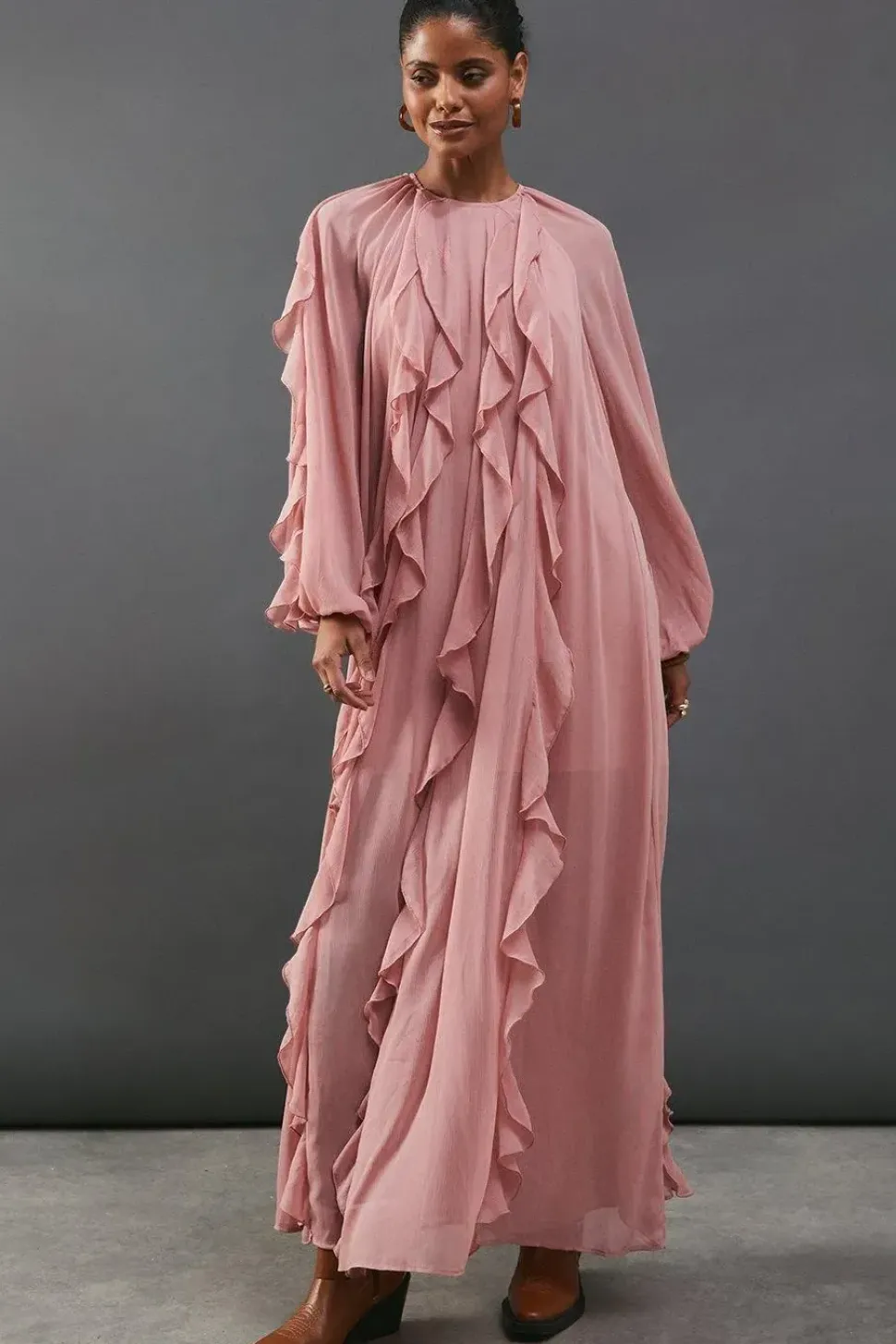 Chiffon Ruffle Blouson Sleeve Maxi Dress