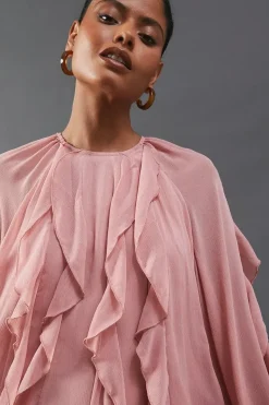 Chiffon Ruffle Blouson Sleeve Maxi Dress
