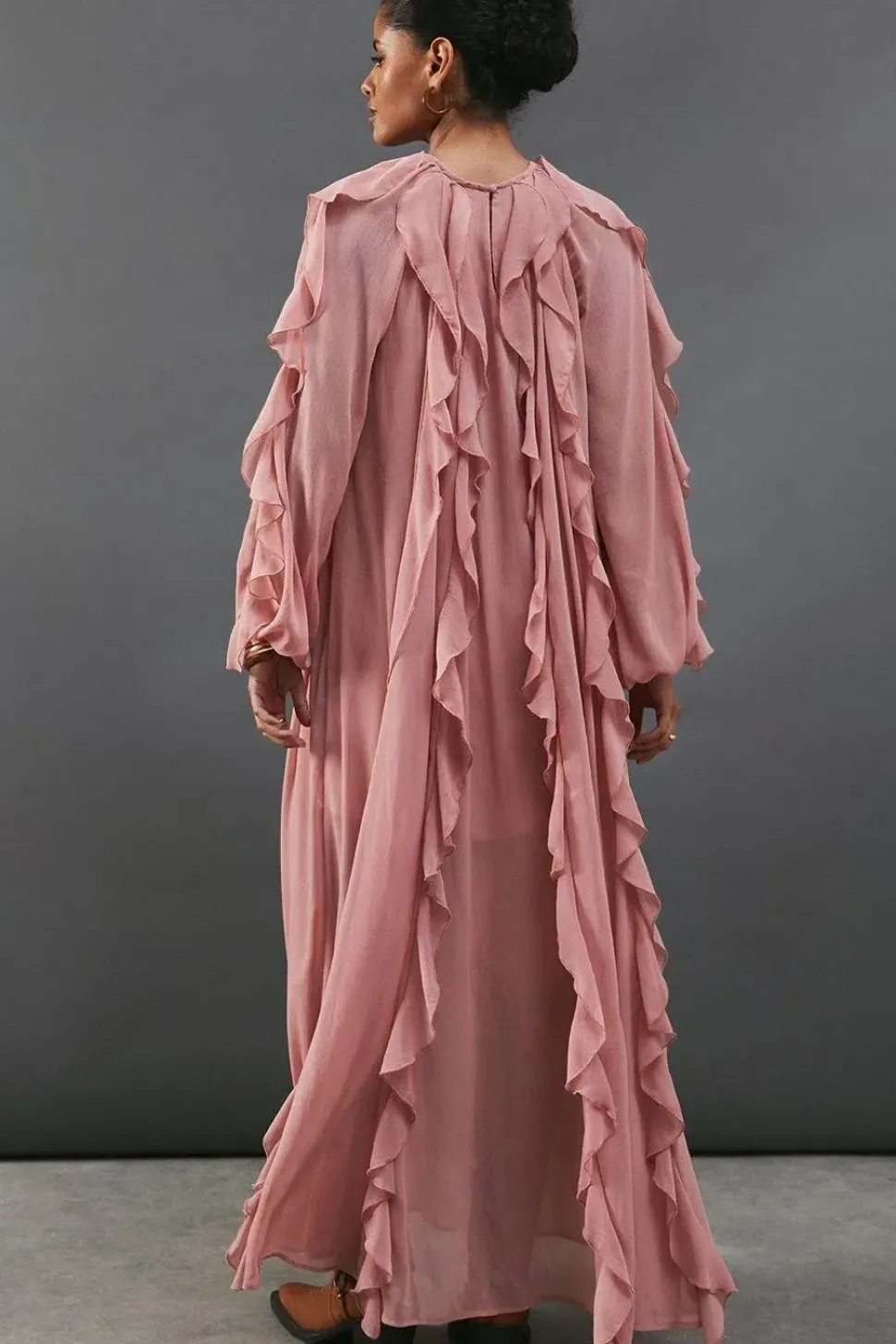 Chiffon Ruffle Blouson Sleeve Maxi Dress