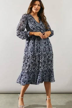 Chiffon Ruffle Detail Flute Sleeve Midi Dress