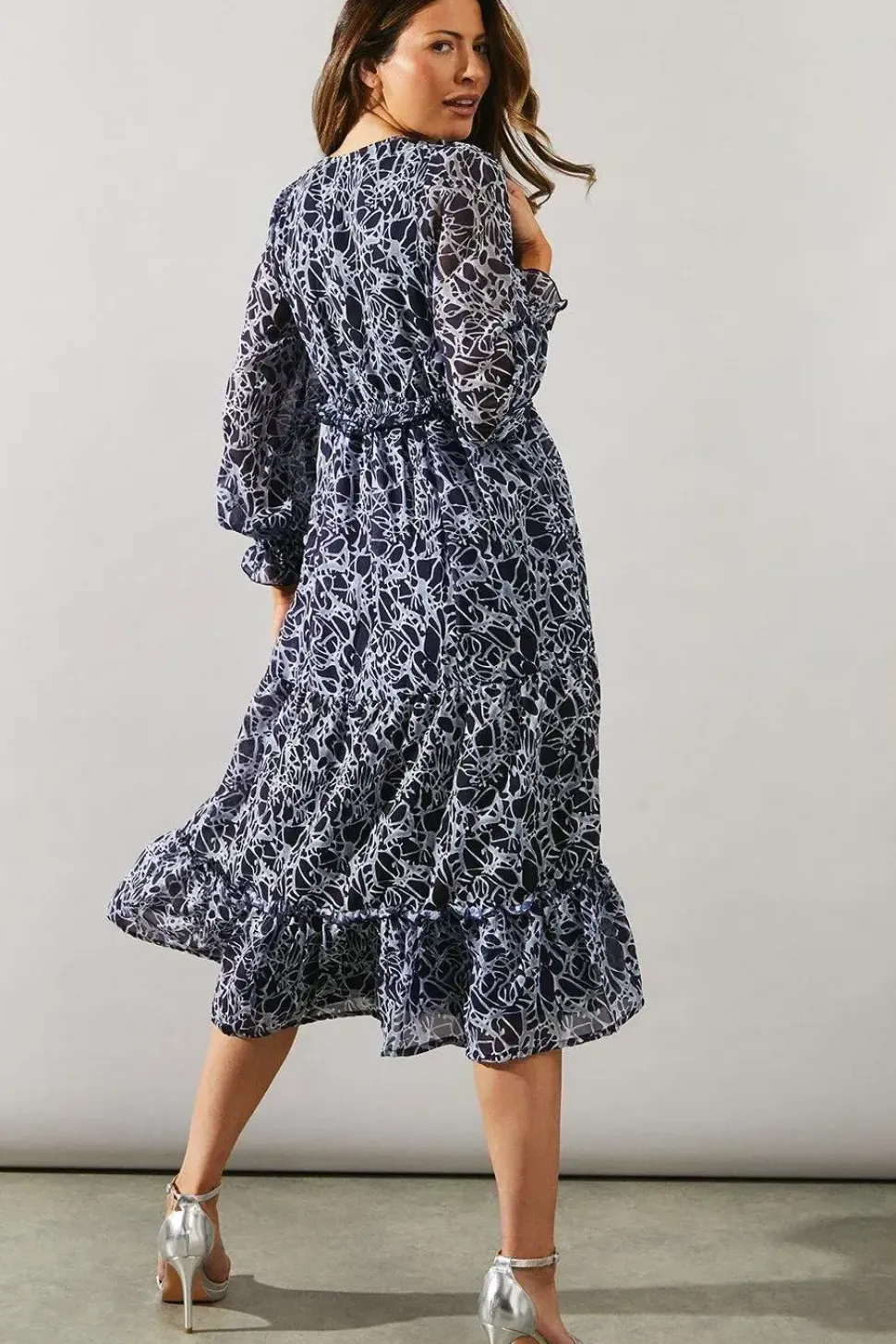 Chiffon Ruffle Detail Flute Sleeve Midi Dress
