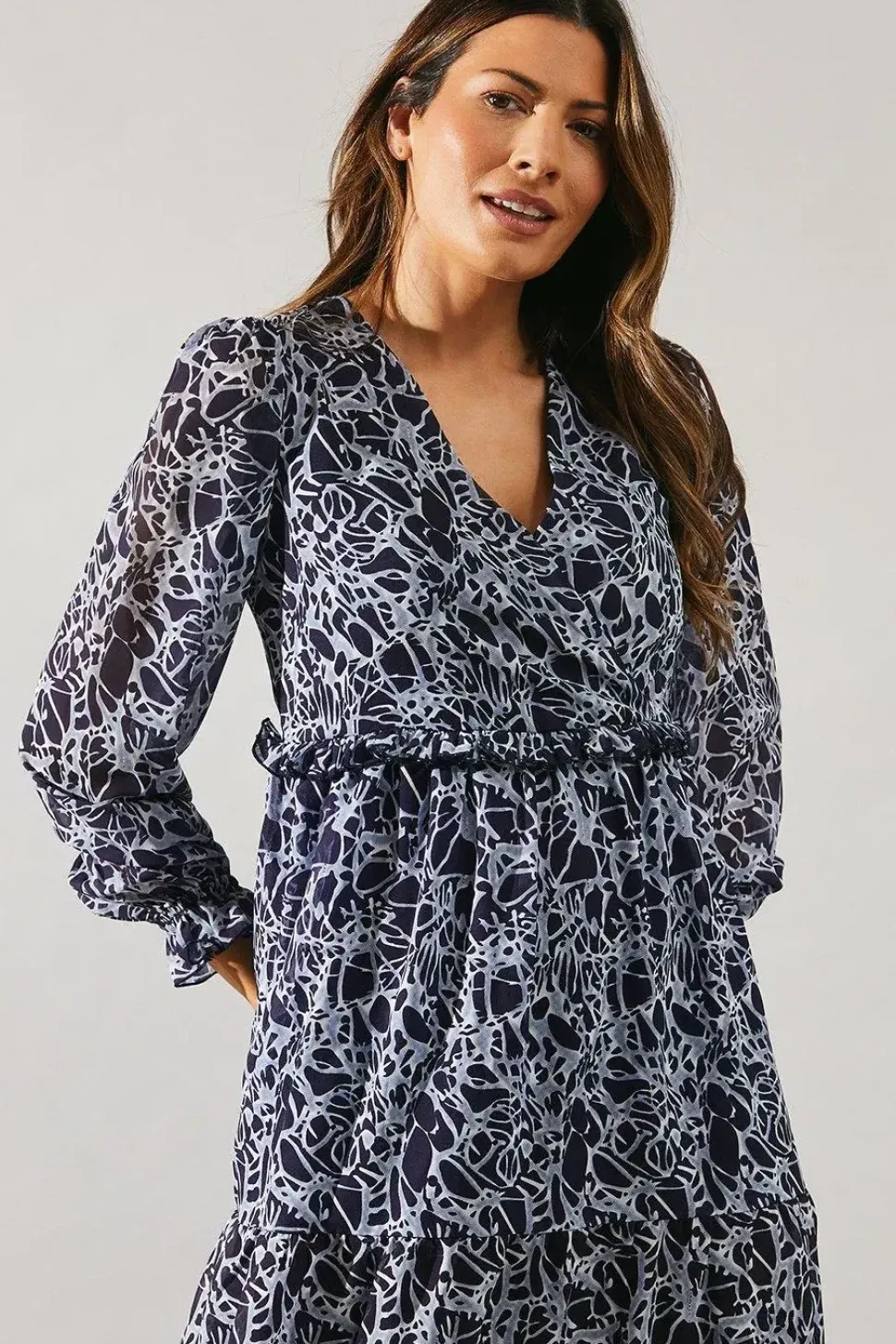 Chiffon Ruffle Detail Flute Sleeve Midi Dress