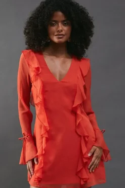 Chiffon Ruffle Detail Tie Sleeve Mini Dress