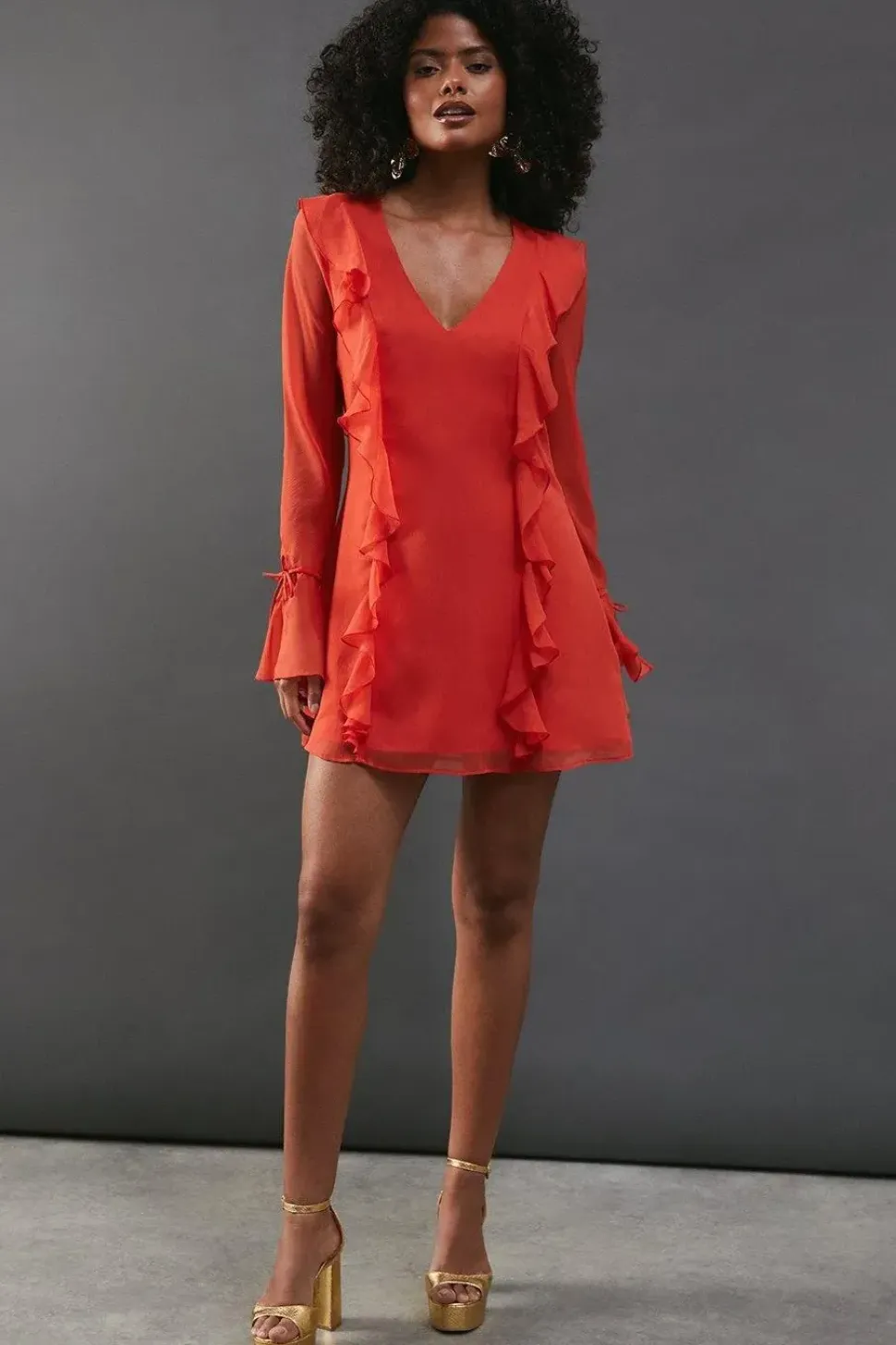 Chiffon Ruffle Detail Tie Sleeve Mini Dress
