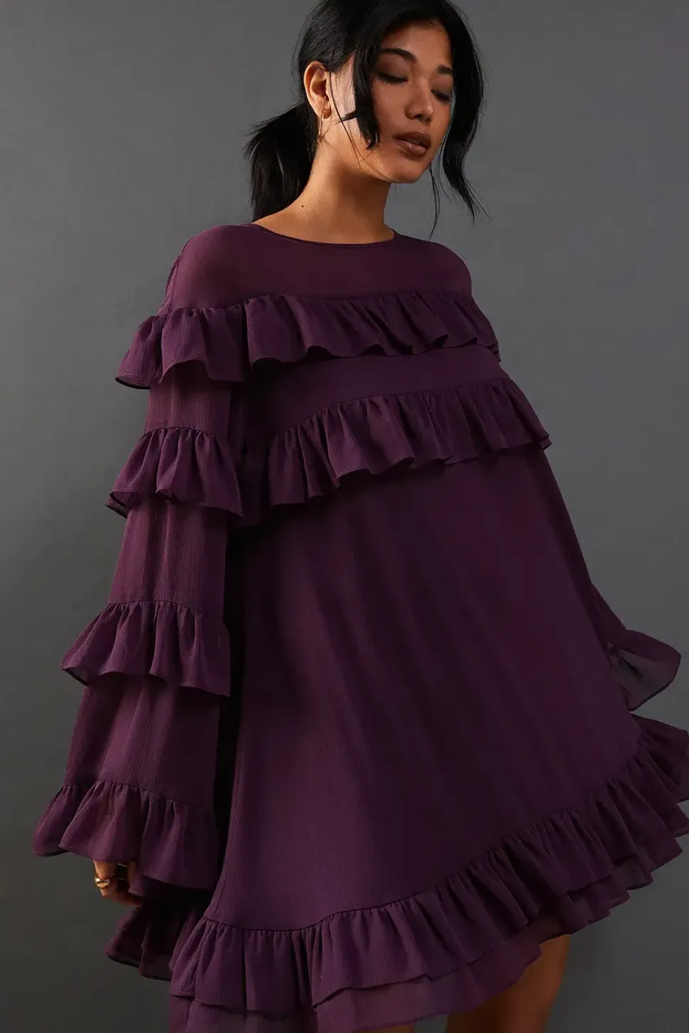 Chiffon Ruffle Flared Sleeve Mini Smock Dress