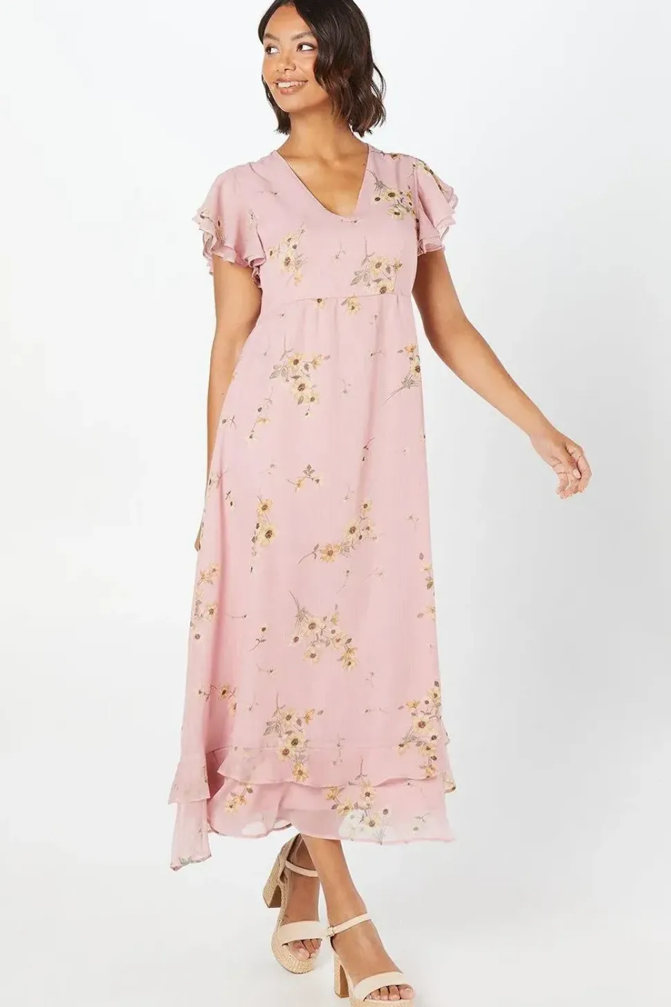 Chiffon Ruffle Front Midi Dress