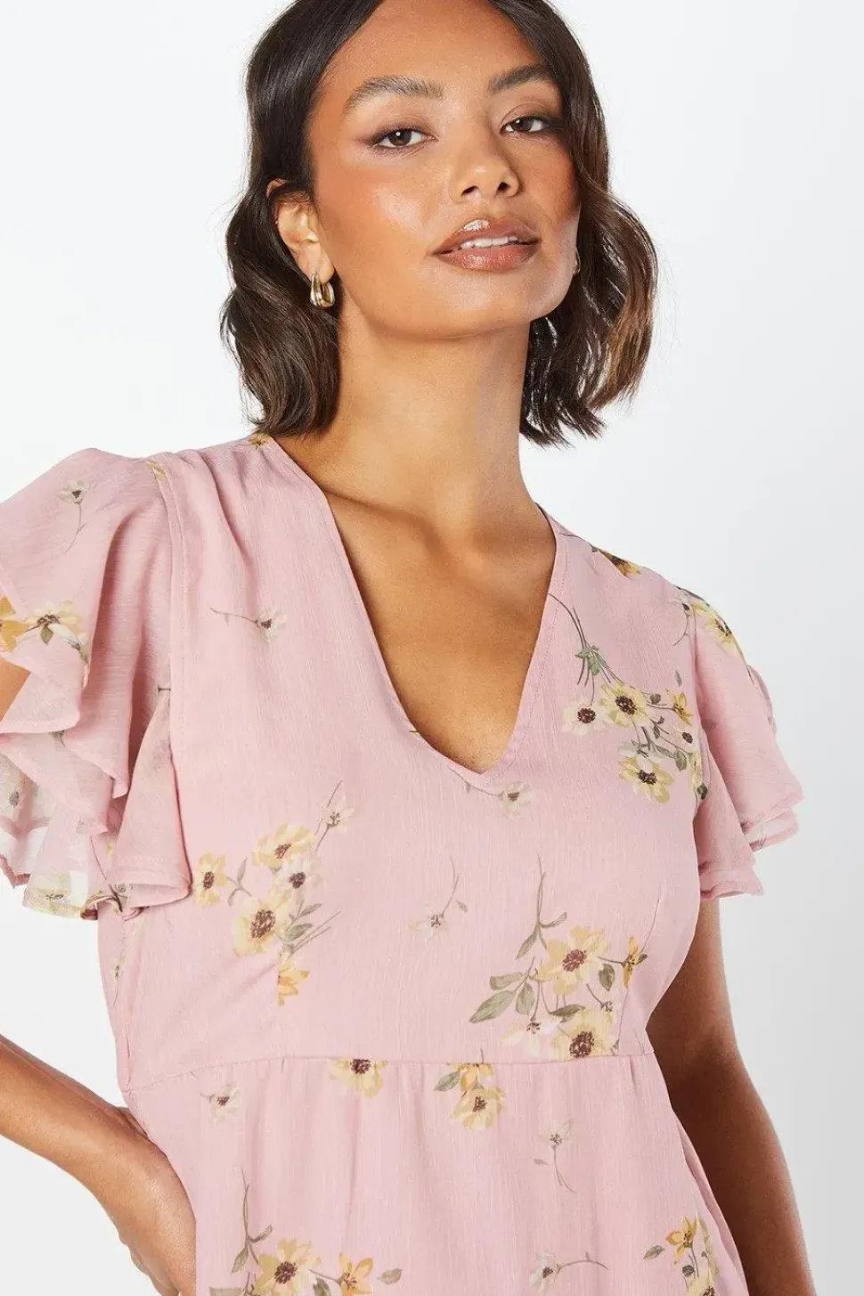Chiffon Ruffle Front Midi Dress