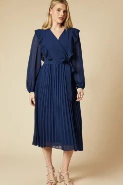 Chiffon Ruffle Front Pleated Skirt Midi Dress