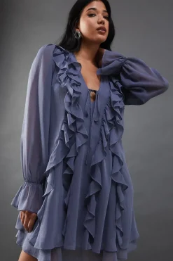 Chiffon Ruffle Front Tie Neck Mini Dress