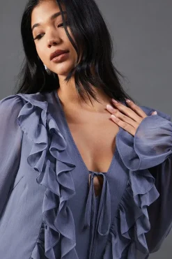 Chiffon Ruffle Front Tie Neck Mini Dress