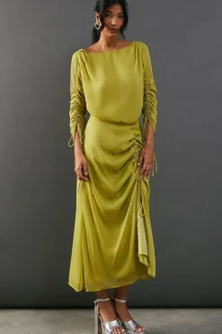 Chiffon Slash Neck Drawstring Detail Midi Dress