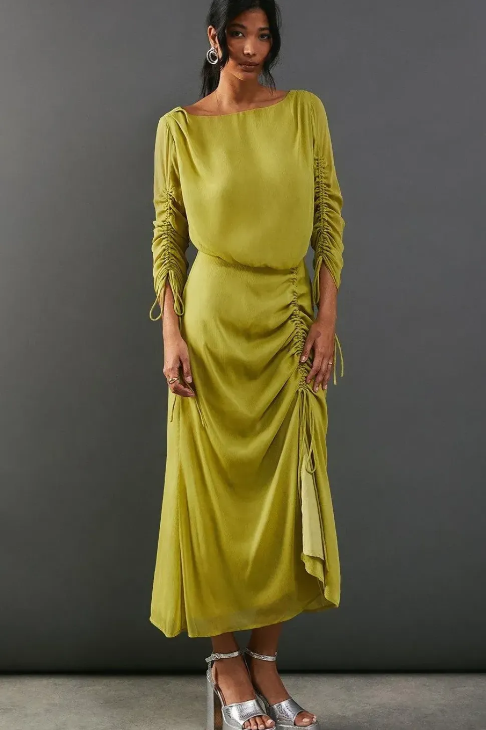 Chiffon Slash Neck Drawstring Detail Midi Dress