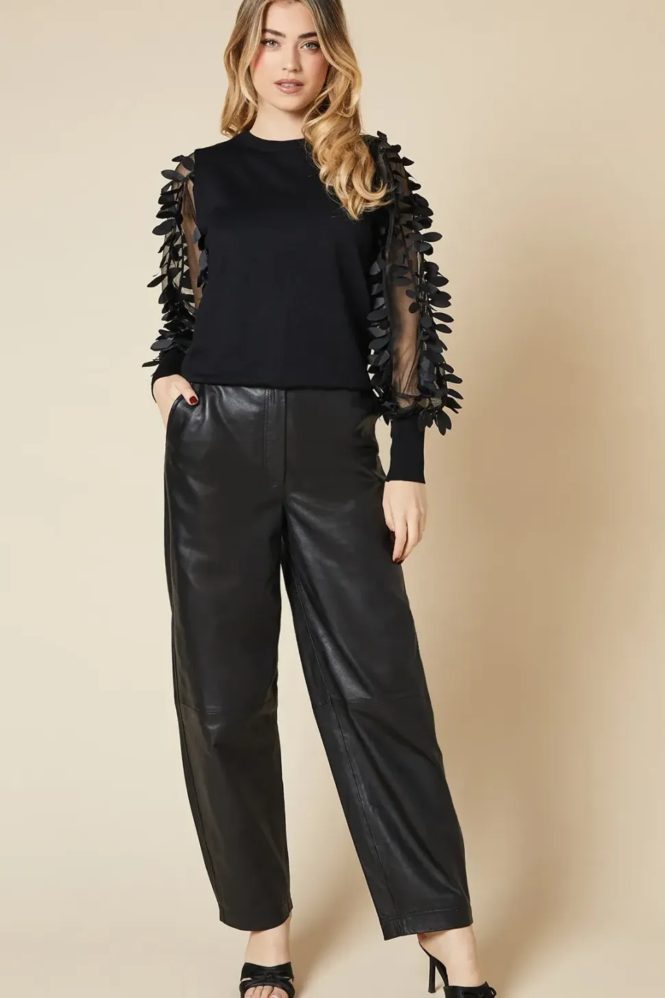 Chiffon Sleeve Leaf Detail High Neck Jumper