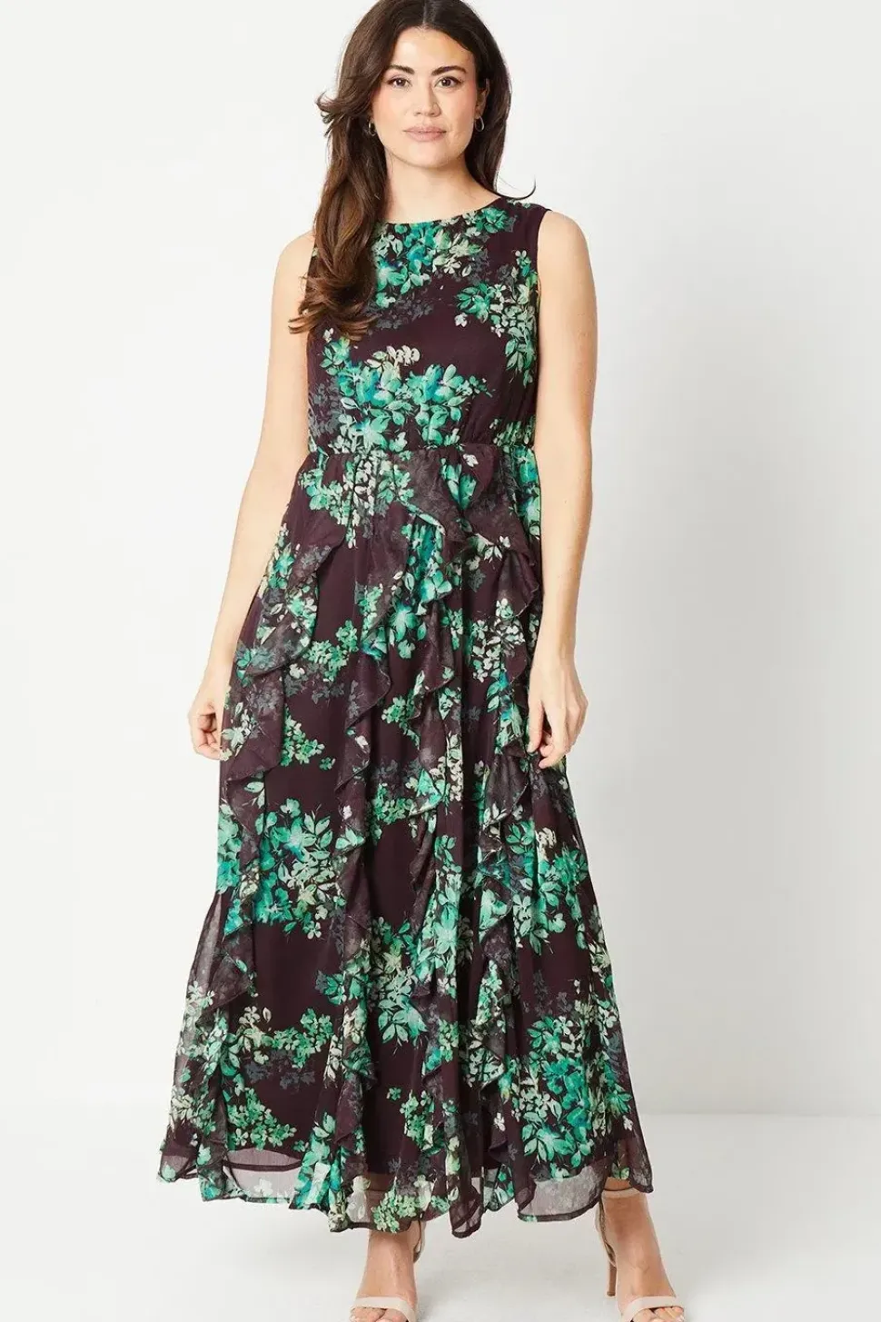 Chiffon Sleeveless Ruffle Tendril Maxi Dress