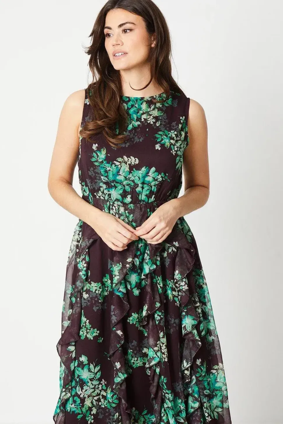 Chiffon Sleeveless Ruffle Tendril Maxi Dress