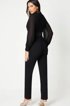 Chiffon Sleeve Wrap Front Tuxedo Jumpsuit