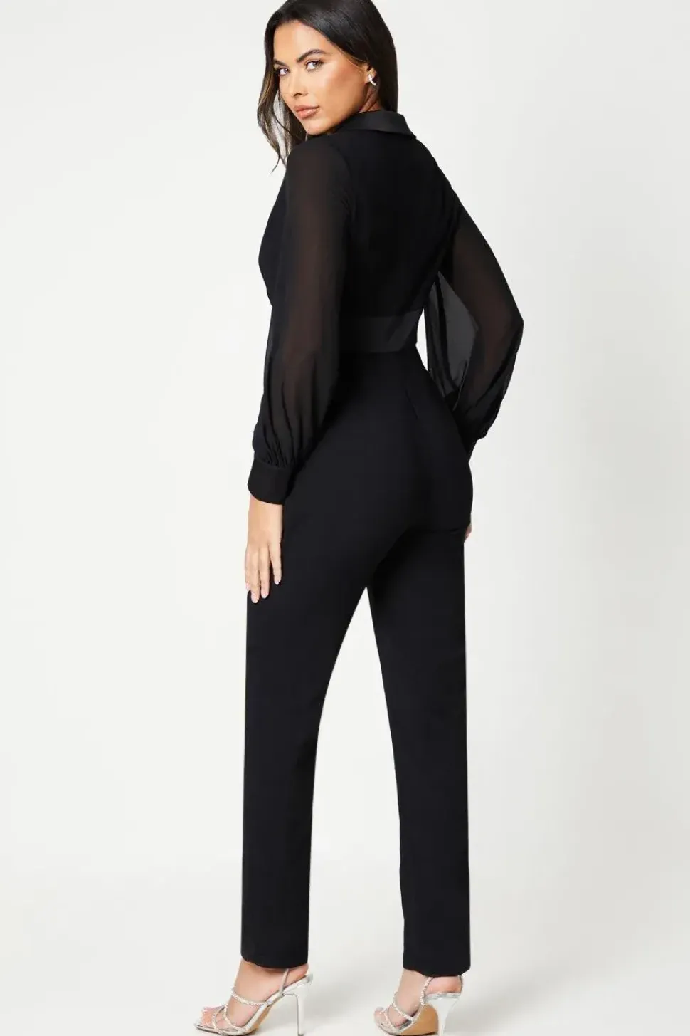 Chiffon Sleeve Wrap Front Tuxedo Jumpsuit