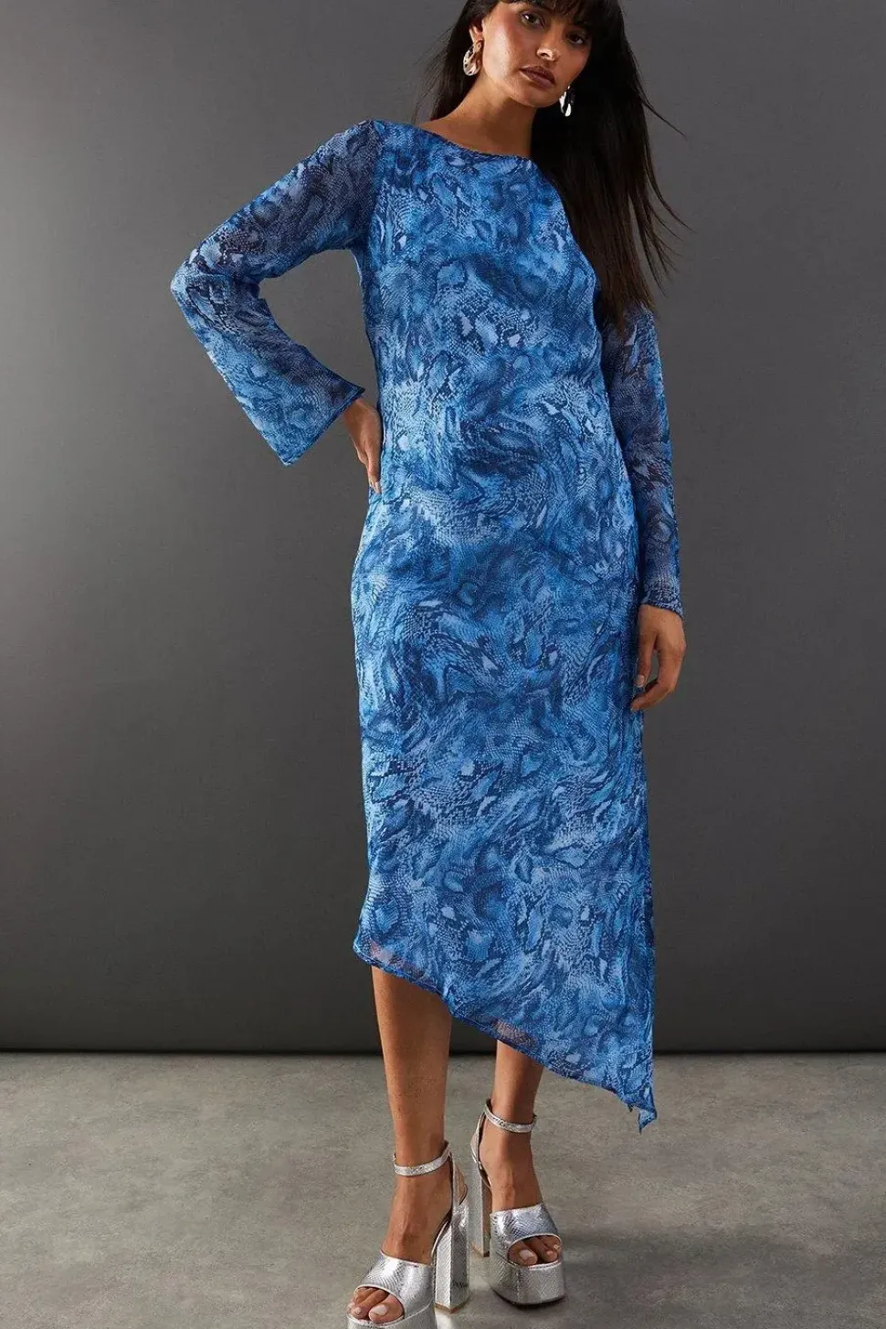 Chiffon Snake Print Asymmetric Hem Flute Sleeve Midi Dress