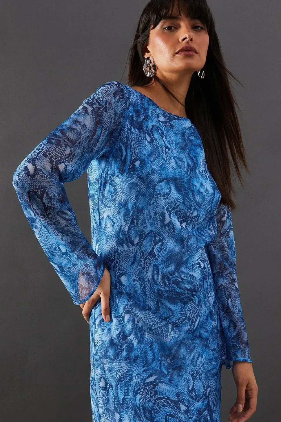 Chiffon Snake Print Asymmetric Hem Flute Sleeve Midi Dress