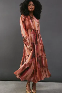 Chiffon Sunset Print Tie Neck Tier Midi Smock Dress