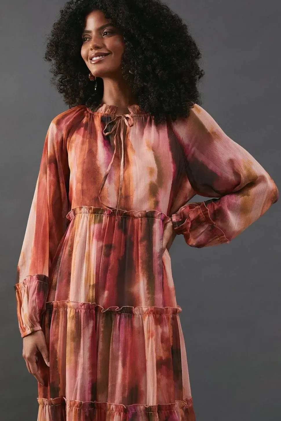 Chiffon Sunset Print Tie Neck Tier Midi Smock Dress