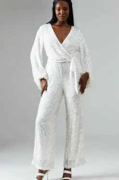 Chiffon Tie Balloon Sleeve Sequin Bridal Jumpsuit