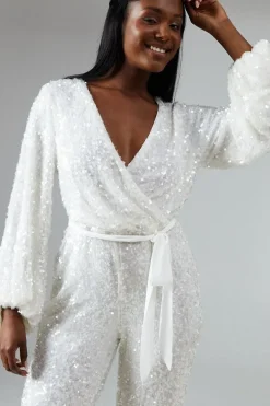 Chiffon Tie Balloon Sleeve Sequin Bridal Jumpsuit