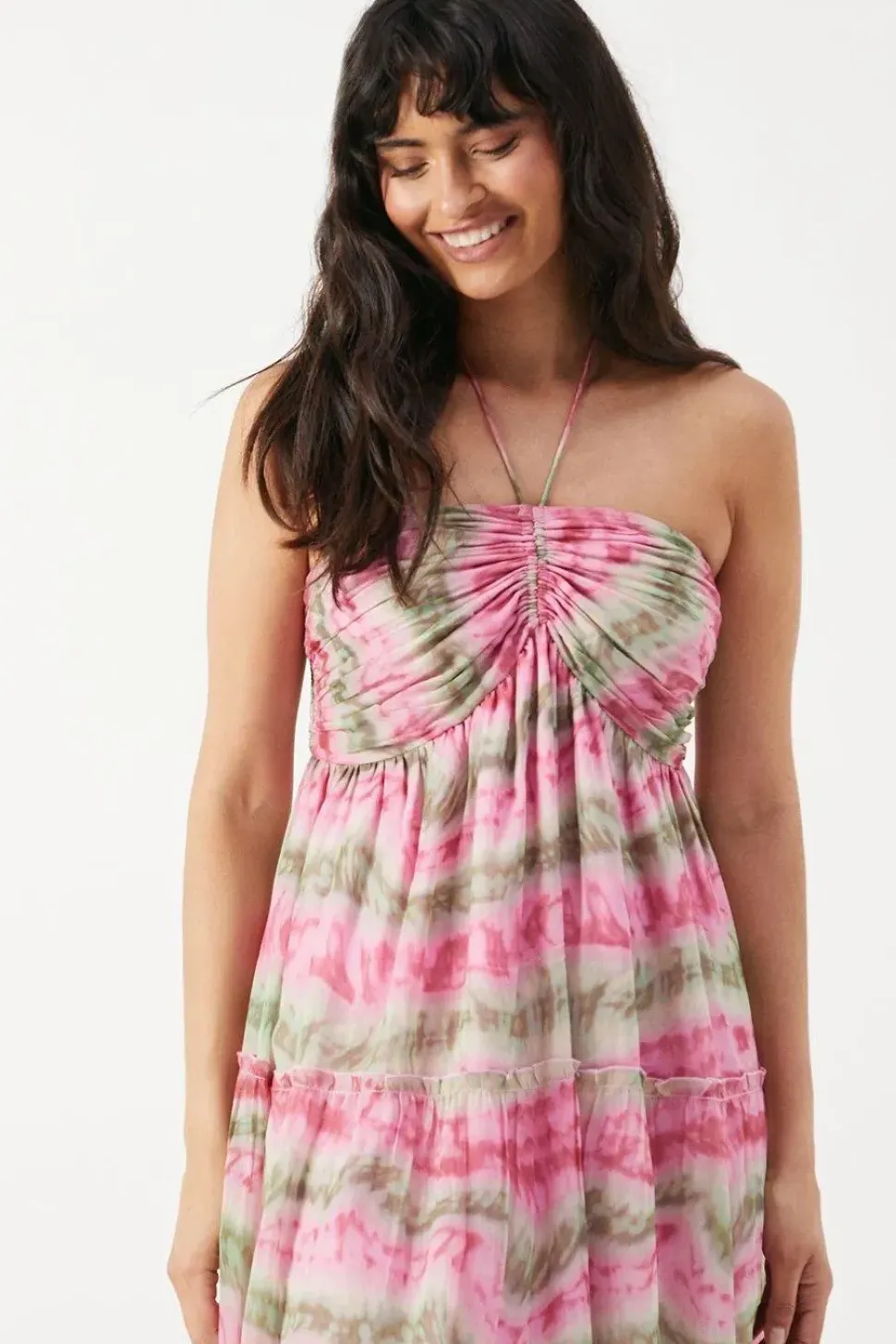 Chiffon Tie Dye Halter Ruched Bust Trim Midaxi Dress