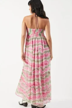 Chiffon Tie Dye Halter Ruched Bust Trim Midaxi Dress
